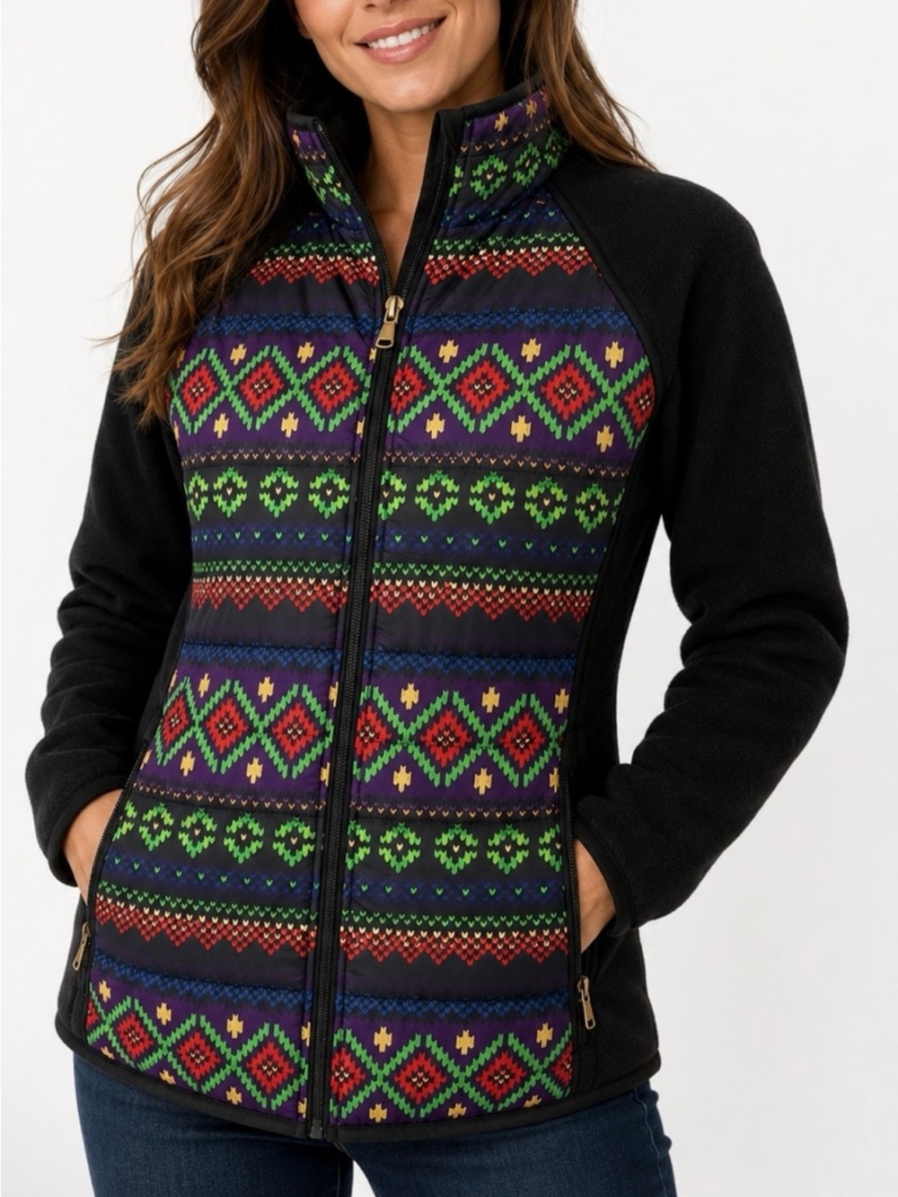 Lauren Ralph Lauren Aztec Fleece Jacket Women Small S Full Zip Fair Isle Black